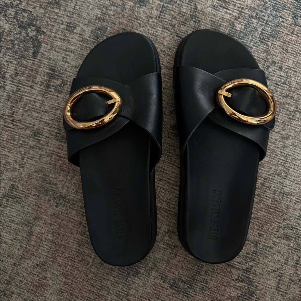 STEVE MADDEN - Black Slide Sandals with Gold Accent - Picture 5 of 6